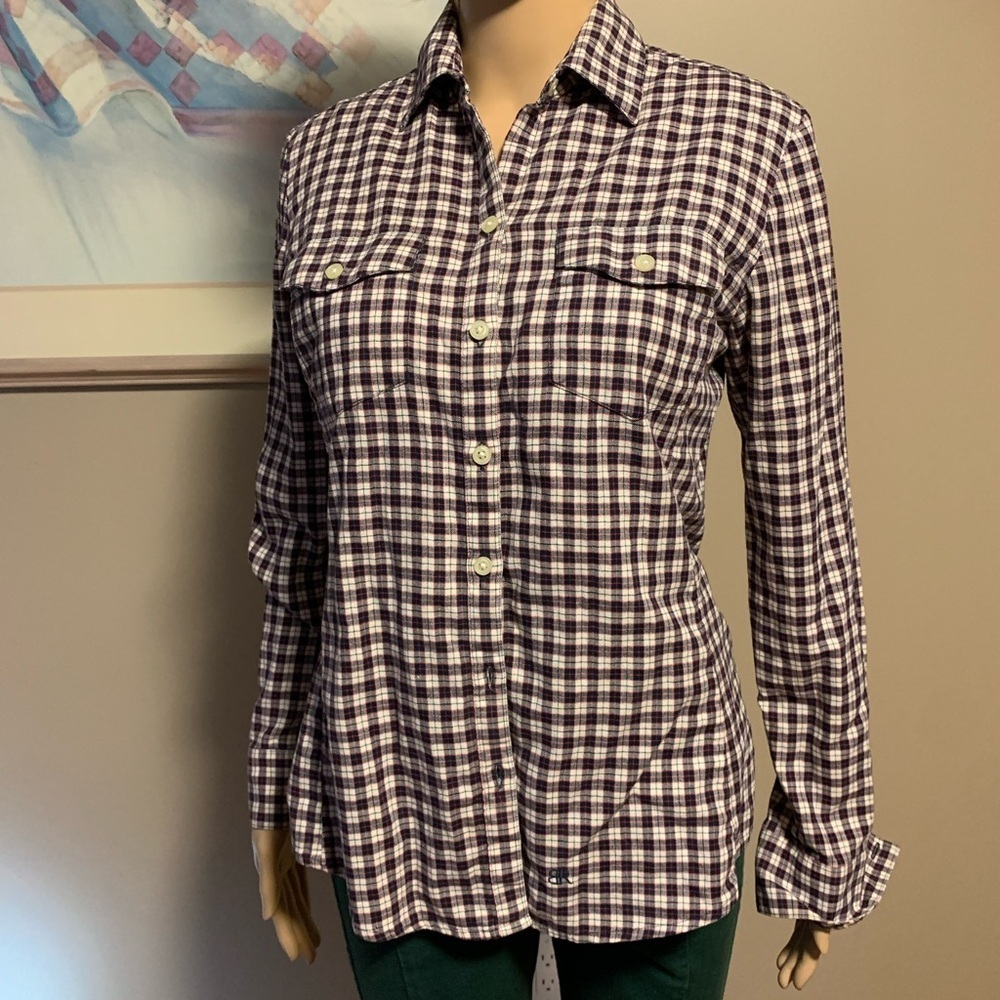 Banana Republic Women's Western Shirt Wine/Burgundy and White Plaid Size Small
